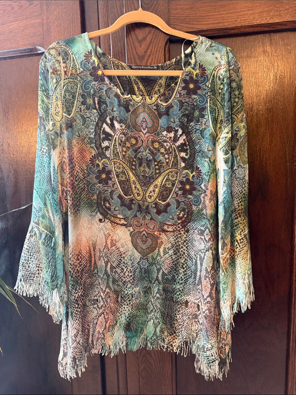 Boho Paisley Fringe Tunic Top - Shear Teal Multi
